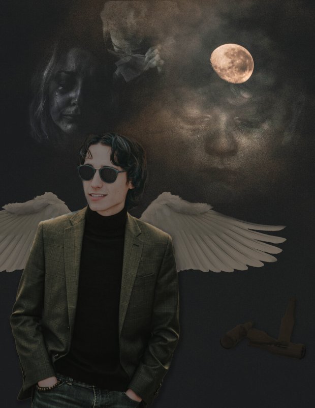 A moody image featuring a woman crying, a child crying, a moon with smoke, a man with angel wings, and beer bottles in the background.