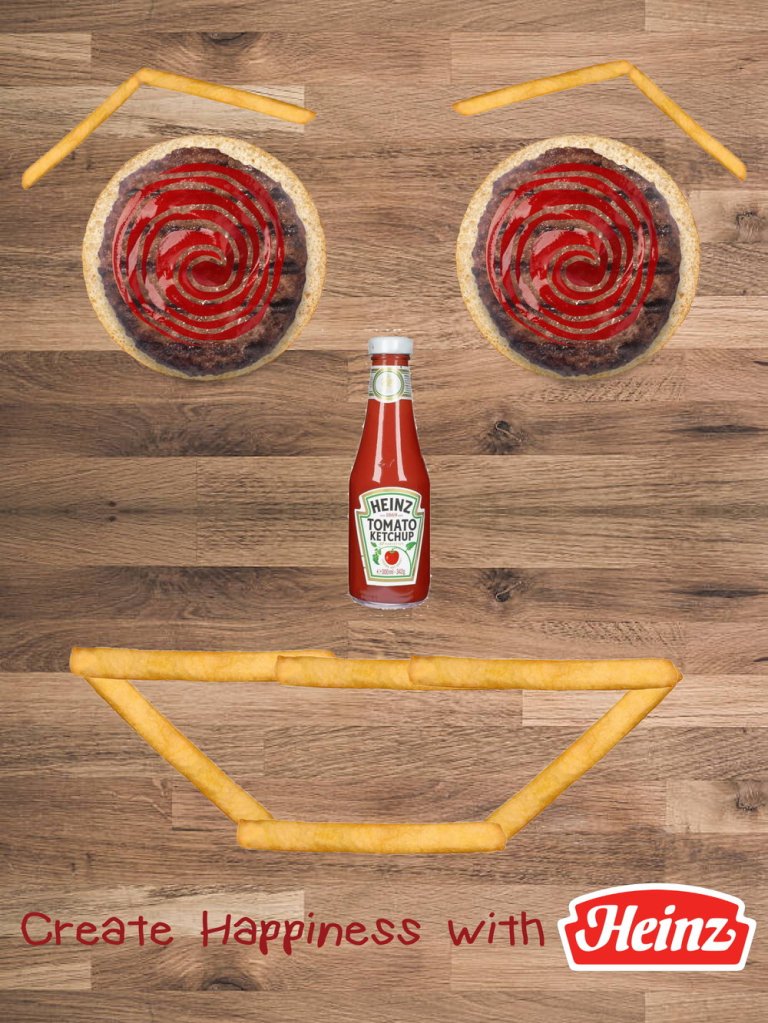 A ketchup poster mockup with a smiley face made out of burgers, fries, and a ketchup bottle over a hardwood background.