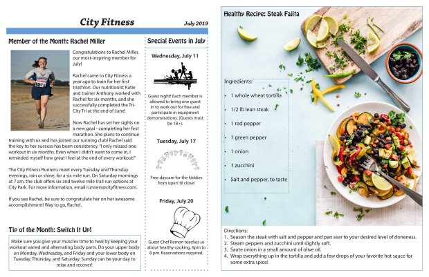 A newsletter mockup with a fitness highlight on the front and a recipe on the back. There is placeholder text.