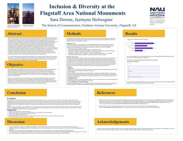 A research poster with the title, "Inclusion & Diversity at the Flagstaff Area National Monuments". The authors are Sara Downs and Jazmyne Holwegner.