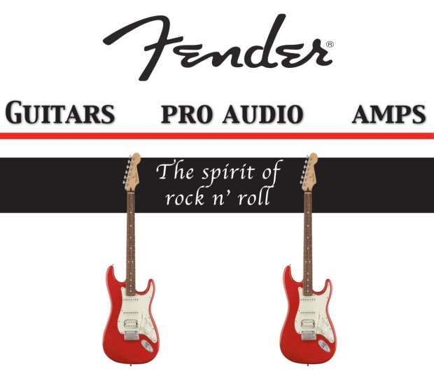 A trade show backdrop sign mockup for Fender. There is a white background with the text, "Guitars," "Pro Audio," and "Amps." There are two red and white guitars surrounding the text, "The spirit of rock n' roll."