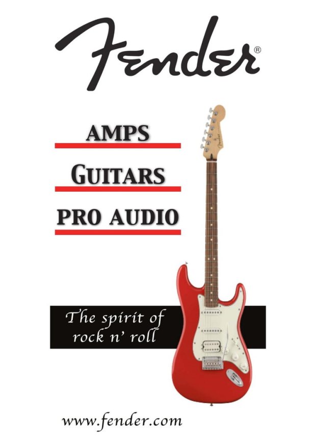 A trade show entryway sign mockup for Fender. There is a white background with the text, "Amps," "Guitars," and "Pro Audio." There is a red and white guitar placed in front of a black rectangle with white text, "The spirit of rock n' roll."