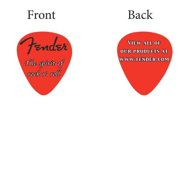 A trade show handout mockup for Fender in the shape of a guitar pick. The front has the text, "The spirit of rock n' roll." The back has the text, "View all of our products at www.fender.com."
